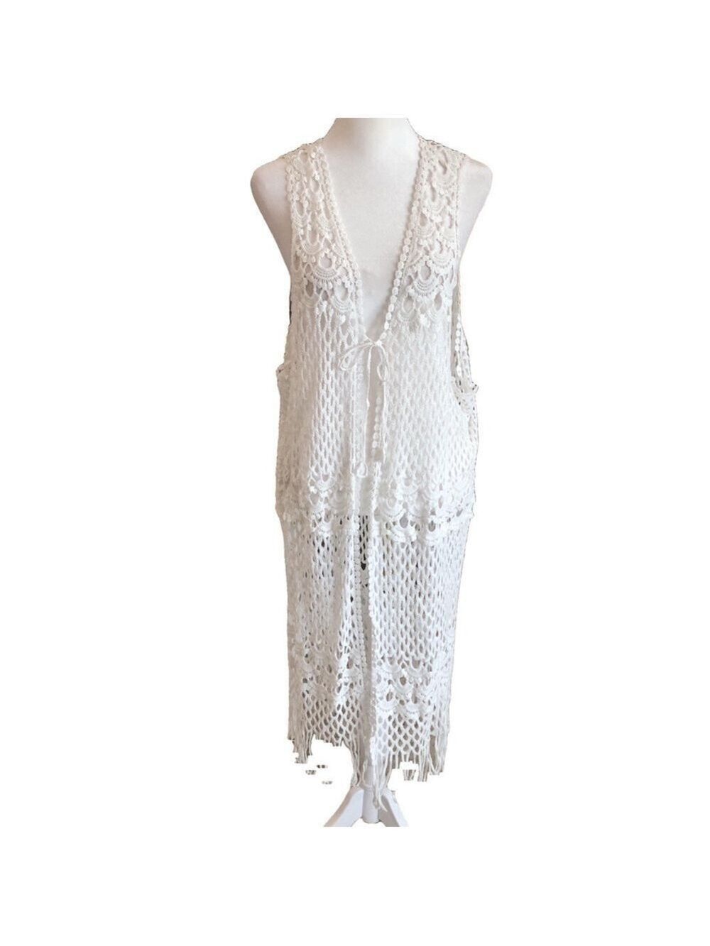 India Boutique One Size white crochet duster length cover up. Beach pool cotton